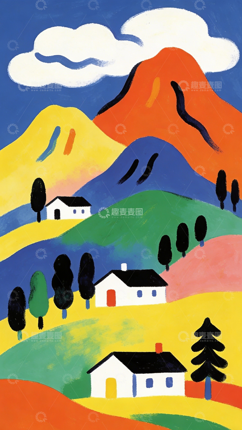 高清大图下载【趣麦麦图】色彩鲜艳乡村风景装饰画