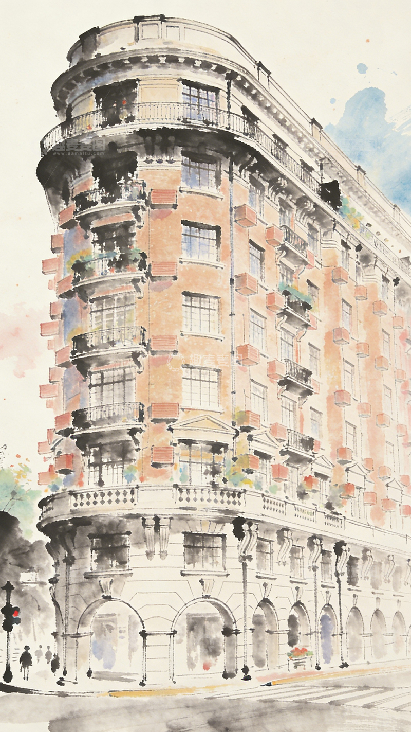 高清大图下载【趣麦麦图】水彩画城市建筑街景