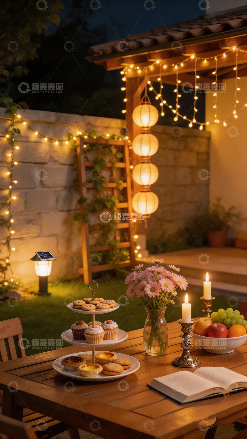 高清大图下载【趣麦麦图】温馨庭院夜晚聚餐场景