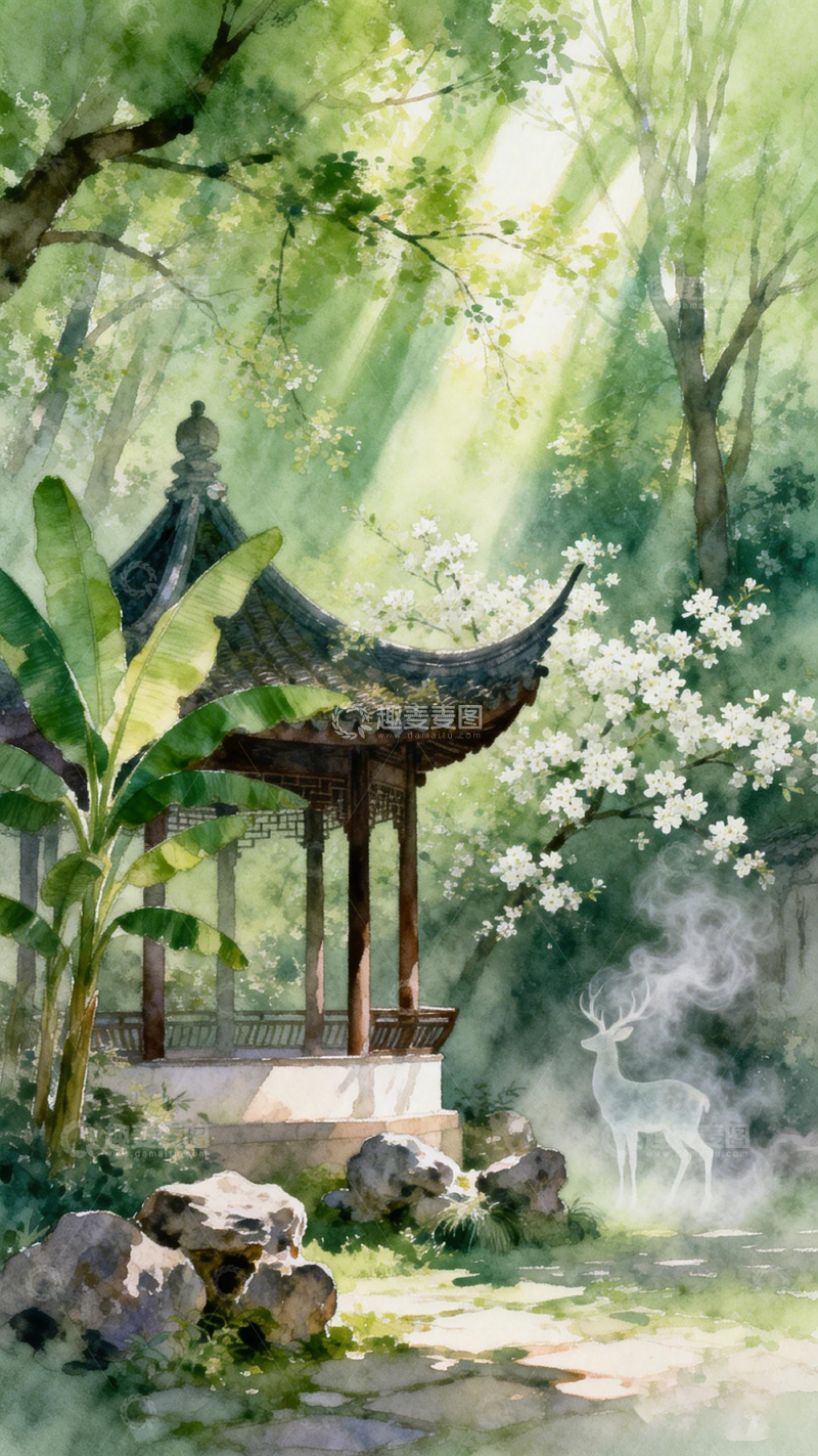 高清大图下载【趣麦麦图】水彩园林亭台鹿影