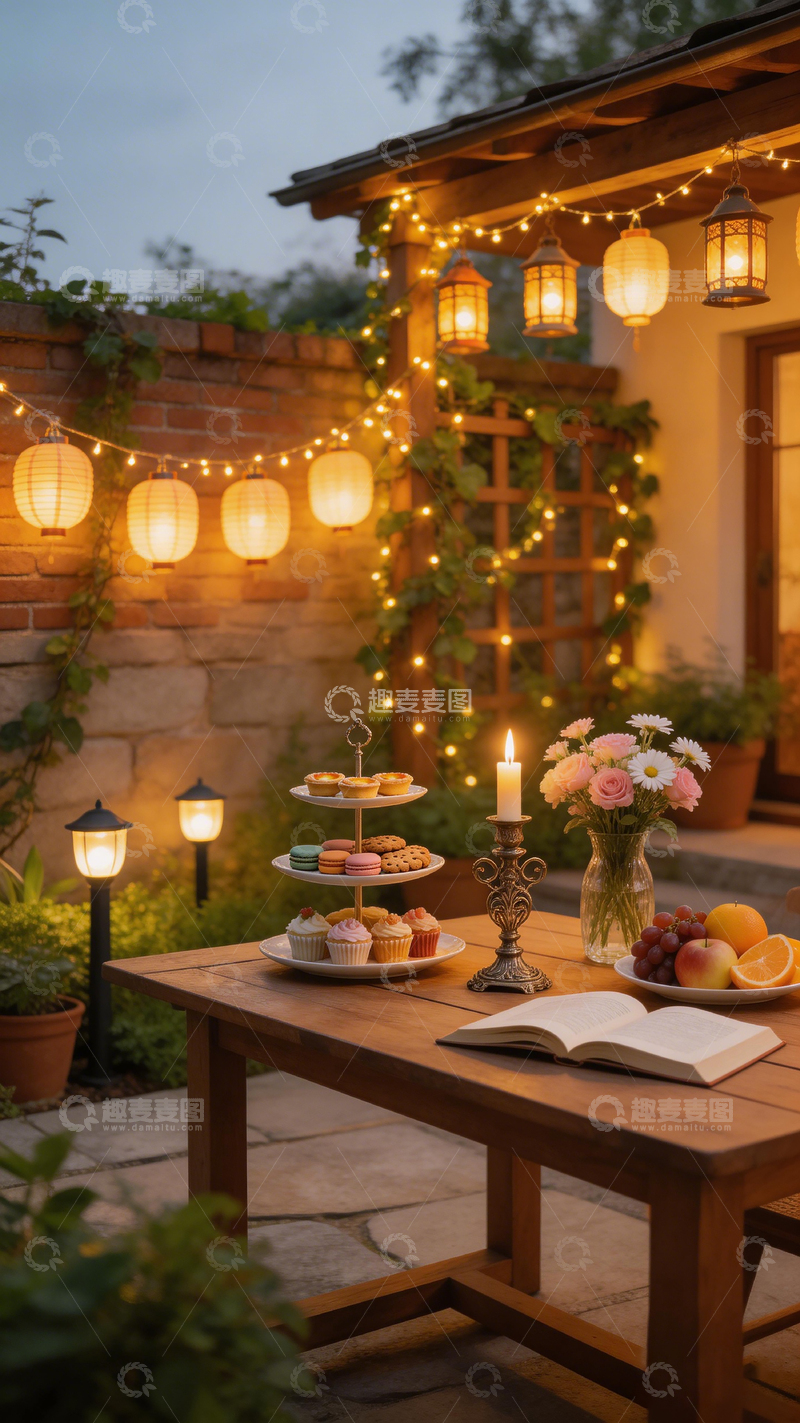 高清大图下载【趣麦麦图】庭院夜景下午茶摄影