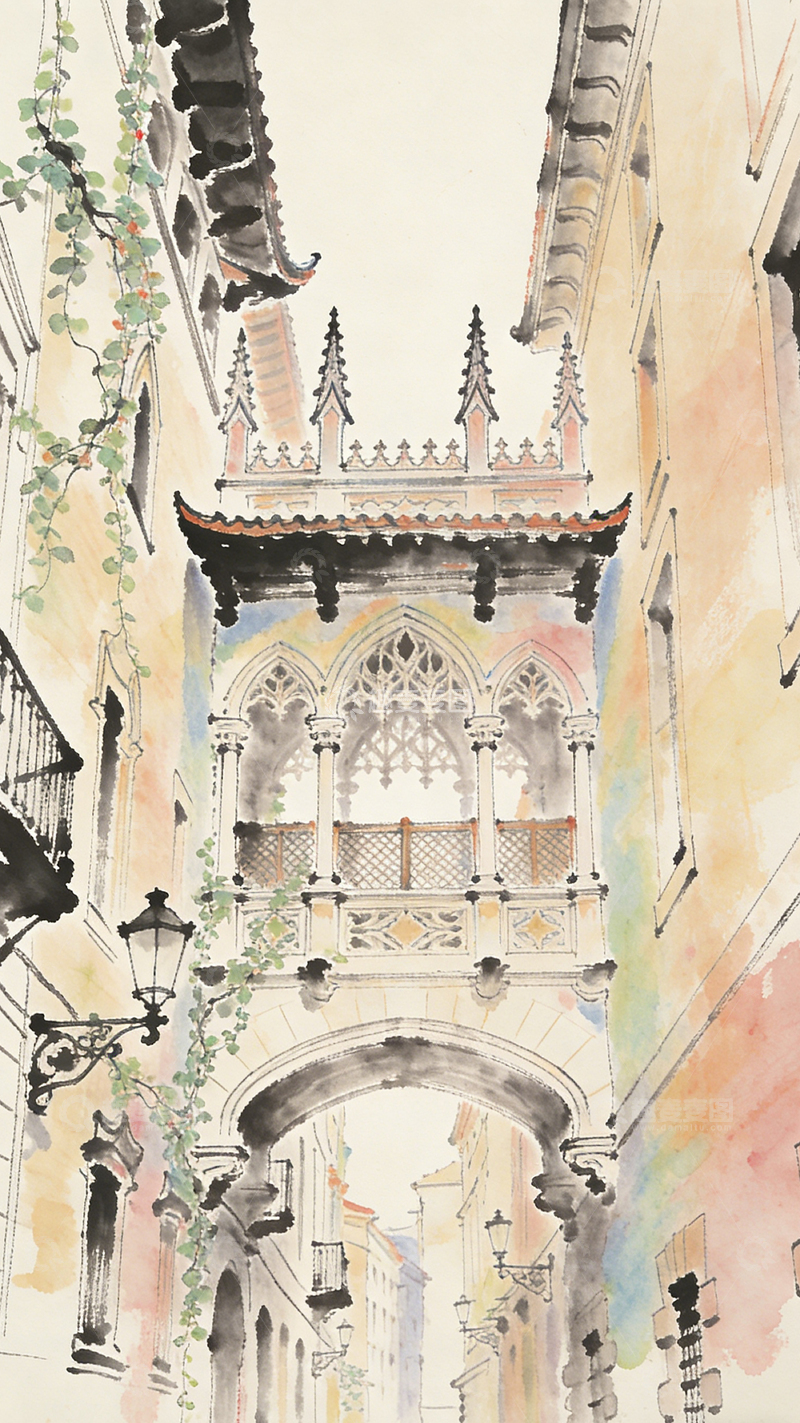 高清大图下载【趣麦麦图】水彩古建街景图
