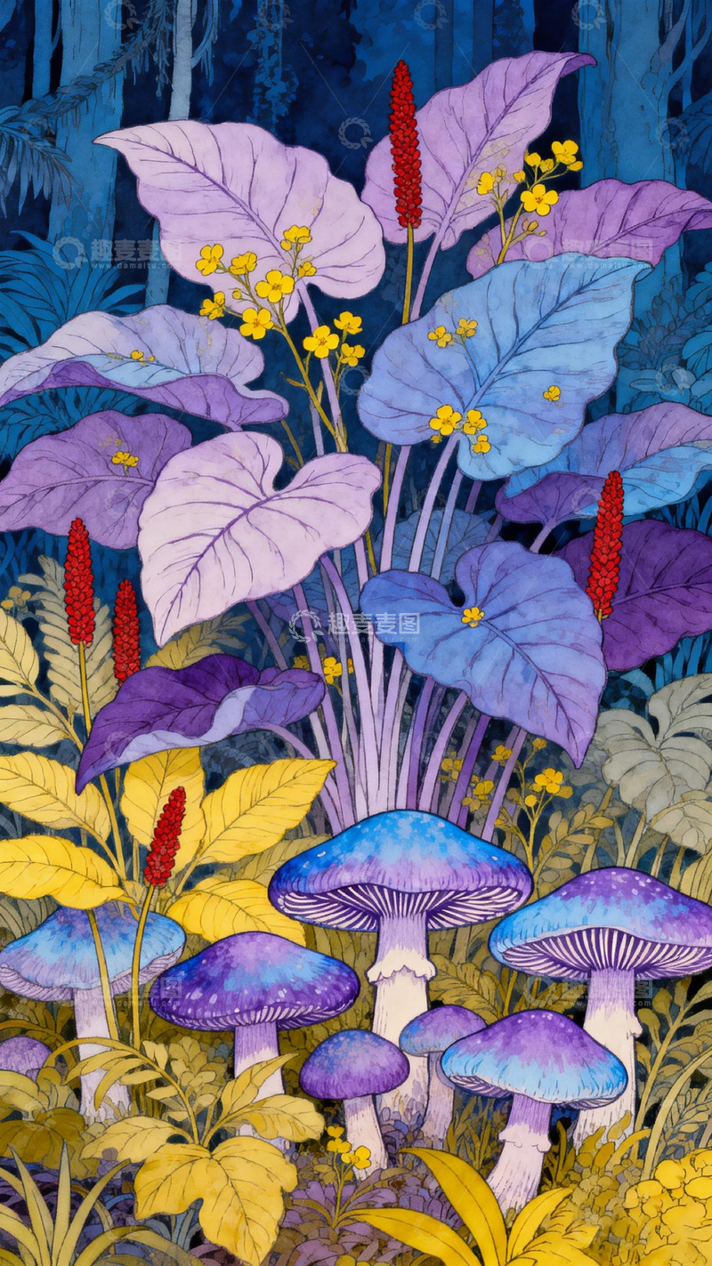 高清大图下载【趣麦麦图】彩绘森林奇幻植物插画