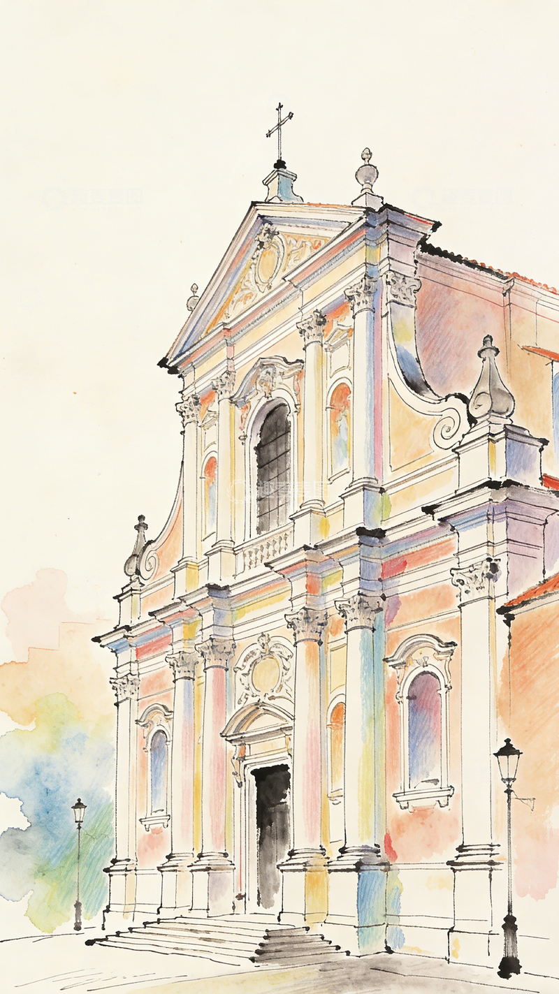 高清大图下载【趣麦麦图】水彩教堂建筑美景图