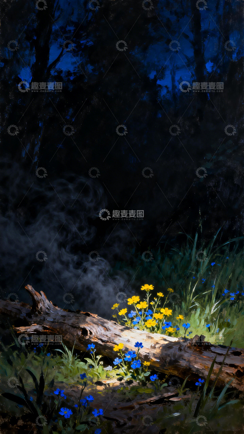 高清大图下载【趣麦麦图】梦幻森林夜景花卉绘画