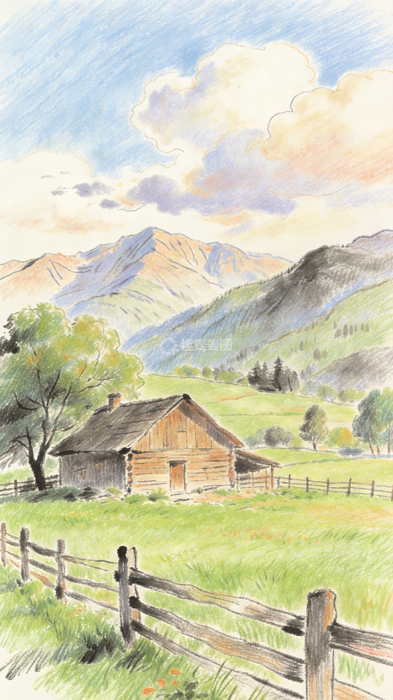 高清大图下载【趣麦麦图】田园风光水彩画木屋景色