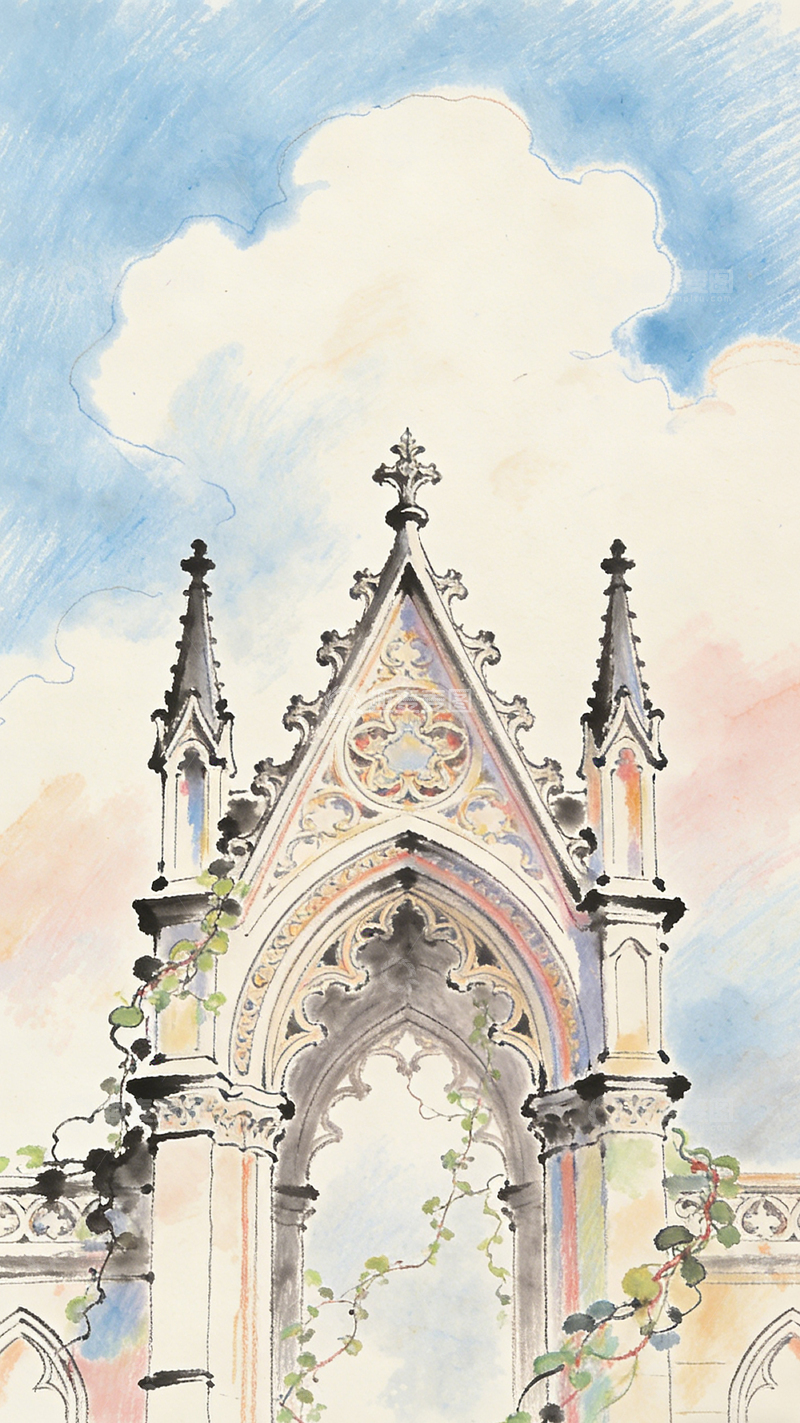 高清大图下载【趣麦麦图】水彩哥特式建筑美景