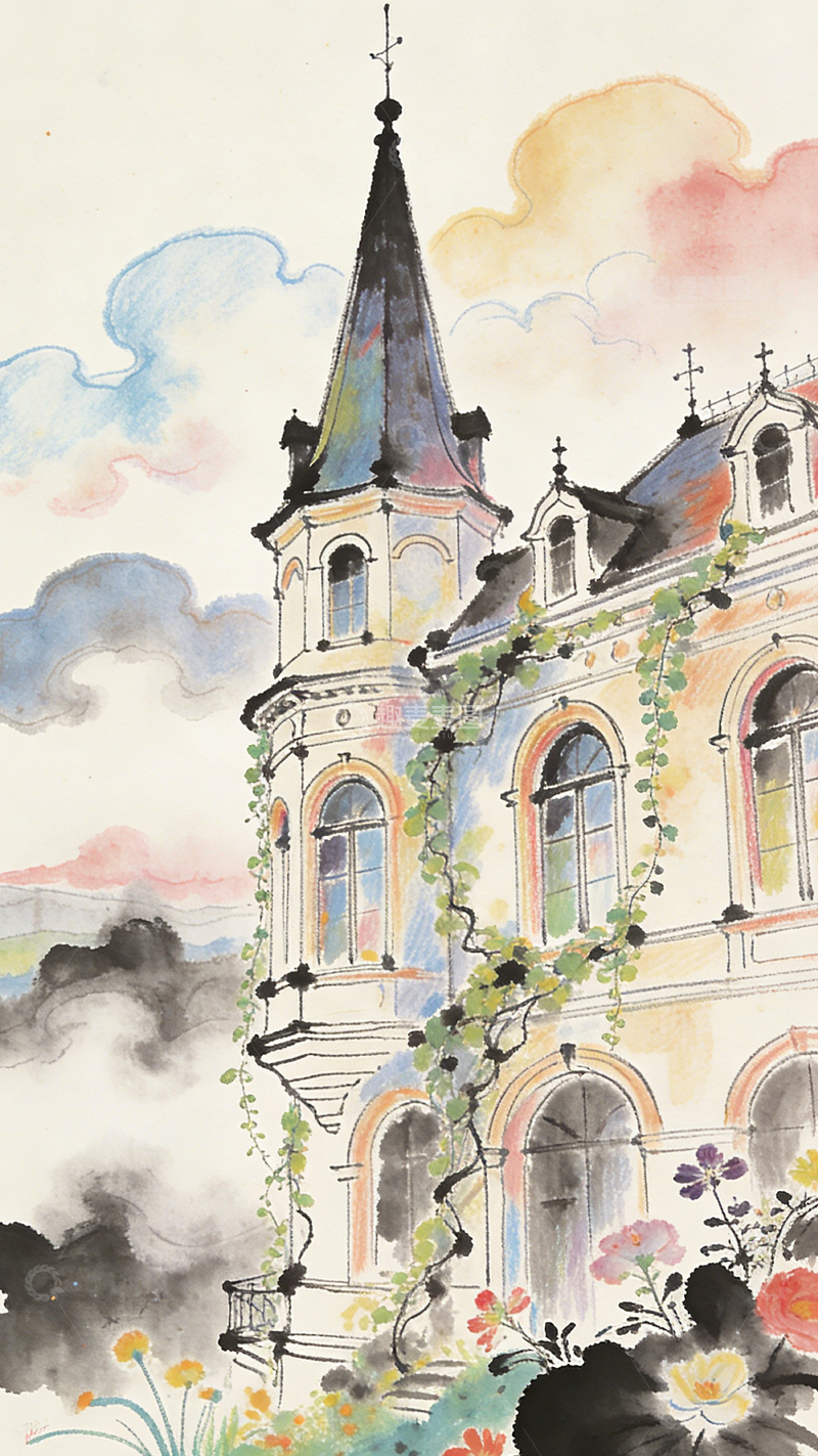 高清大图下载【趣麦麦图】水彩欧式建筑风景画