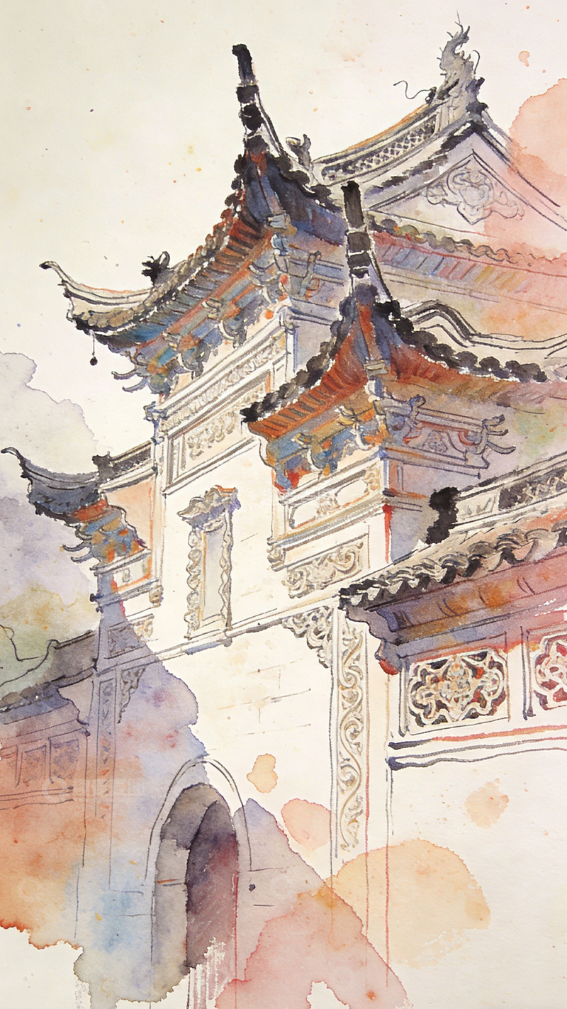 高清大图下载【趣麦麦图】水彩古建风光装饰画