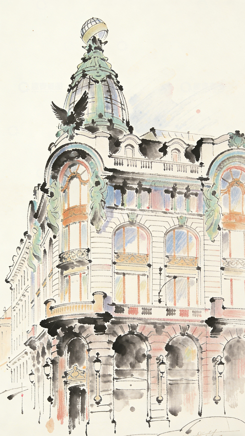 高清大图下载【趣麦麦图】水彩建筑艺术绘画