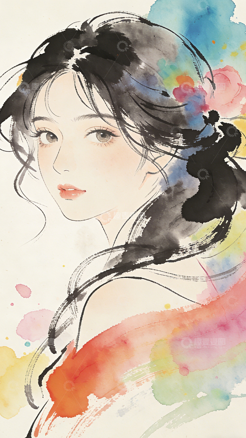 高清大图下载【趣麦麦图】水墨风格女性人物艺术插画