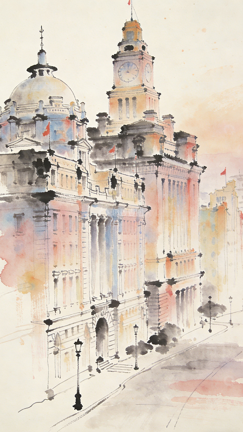 高清大图下载【趣麦麦图】水彩城市建筑风景画