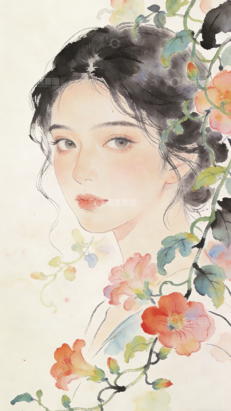 高清大图下载【趣麦麦图】水墨风格女子花卉艺术插画