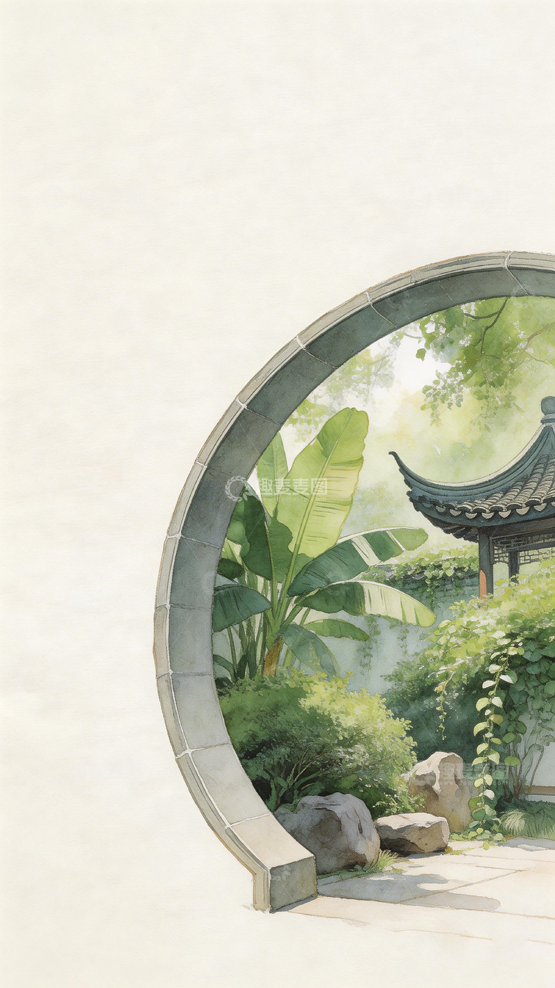 高清大图下载【趣麦麦图】中国古典园林圆门美景插画