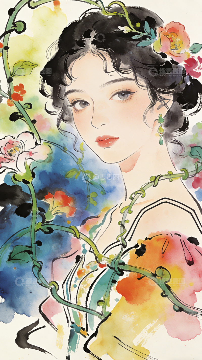 高清大图下载【趣麦麦图】水墨水彩风格女性人物插画