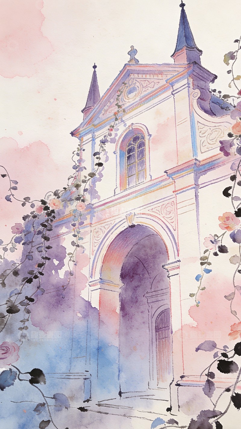 高清大图下载【趣麦麦图】水彩教堂建筑插画