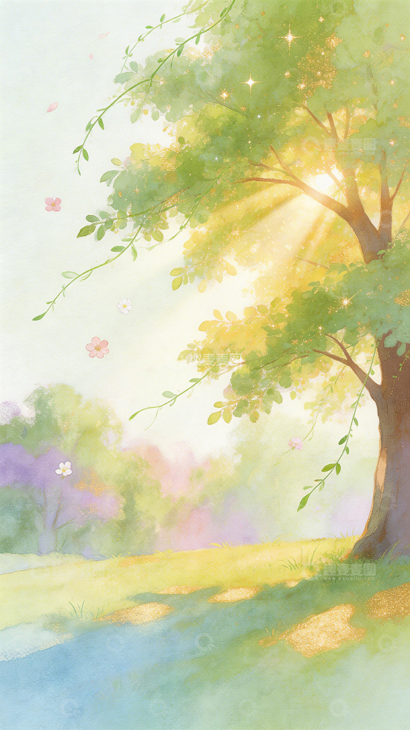 高清大图下载【趣麦麦图】水彩风景春日树木插画