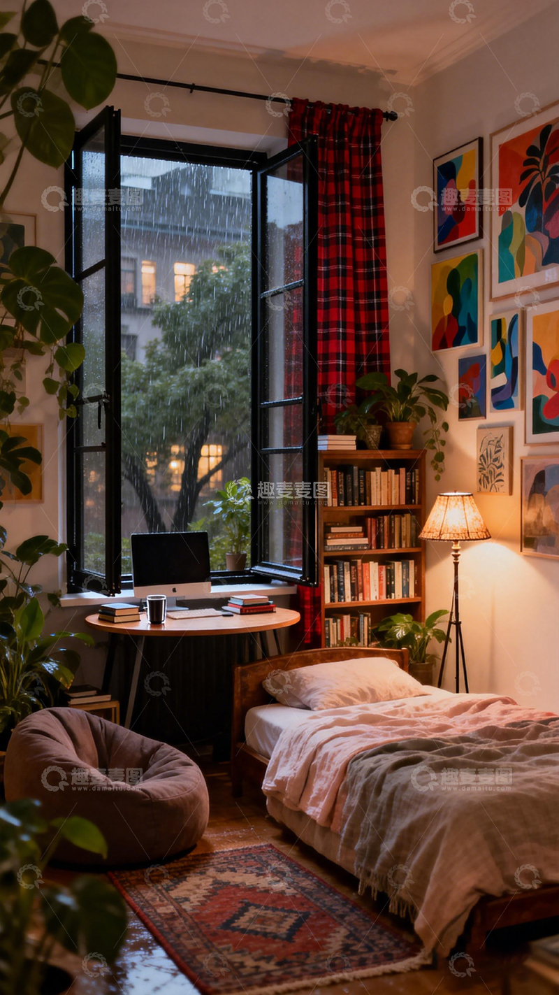 高清大图下载【趣麦麦图】温馨小屋雨天静谧书房装饰