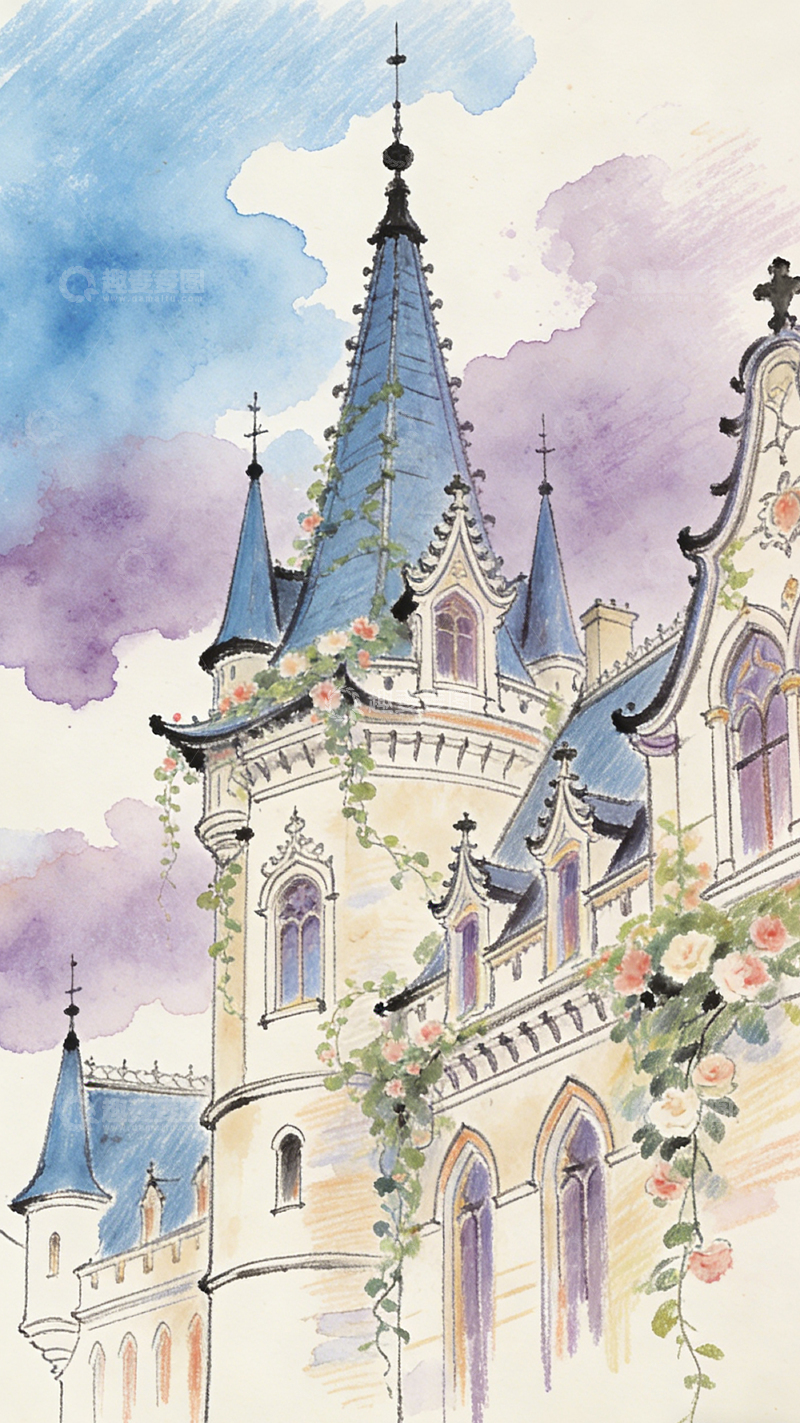 高清大图下载【趣麦麦图】水彩城堡浪漫建筑插画