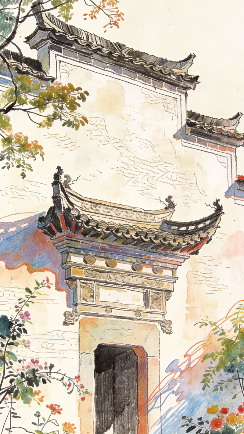 高清大图下载【趣麦麦图】水彩古建门楼庭院风景画