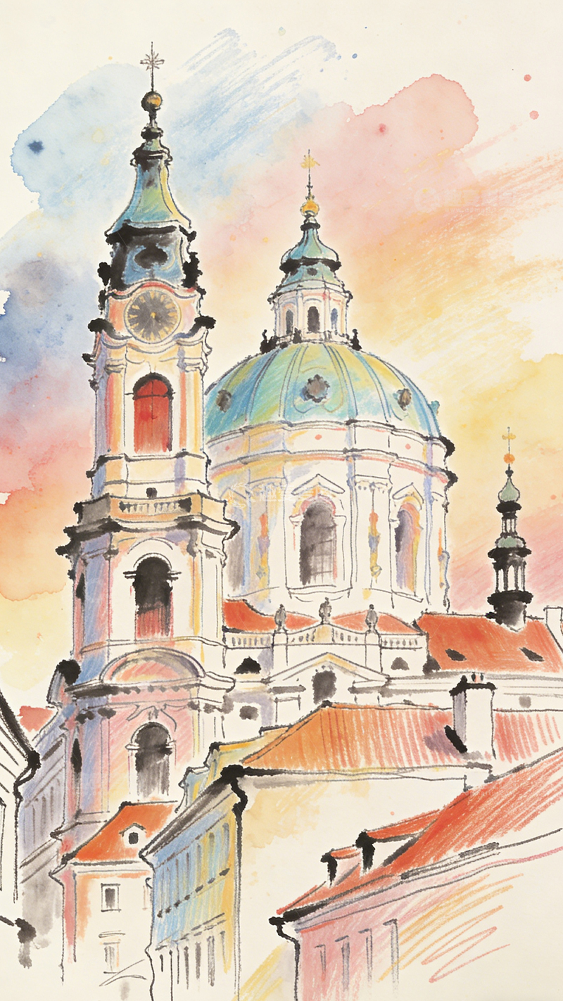 高清大图下载【趣麦麦图】水彩教堂建筑美景绘画