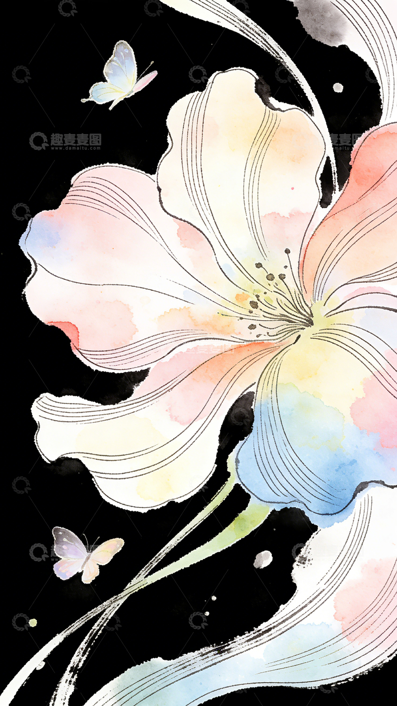 高清大图下载【趣麦麦图】水彩花卉蝴蝶艺术插画