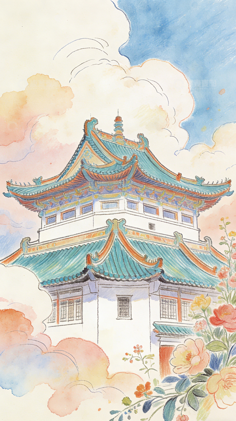 高清大图下载【趣麦麦图】水彩古风建筑花卉插画