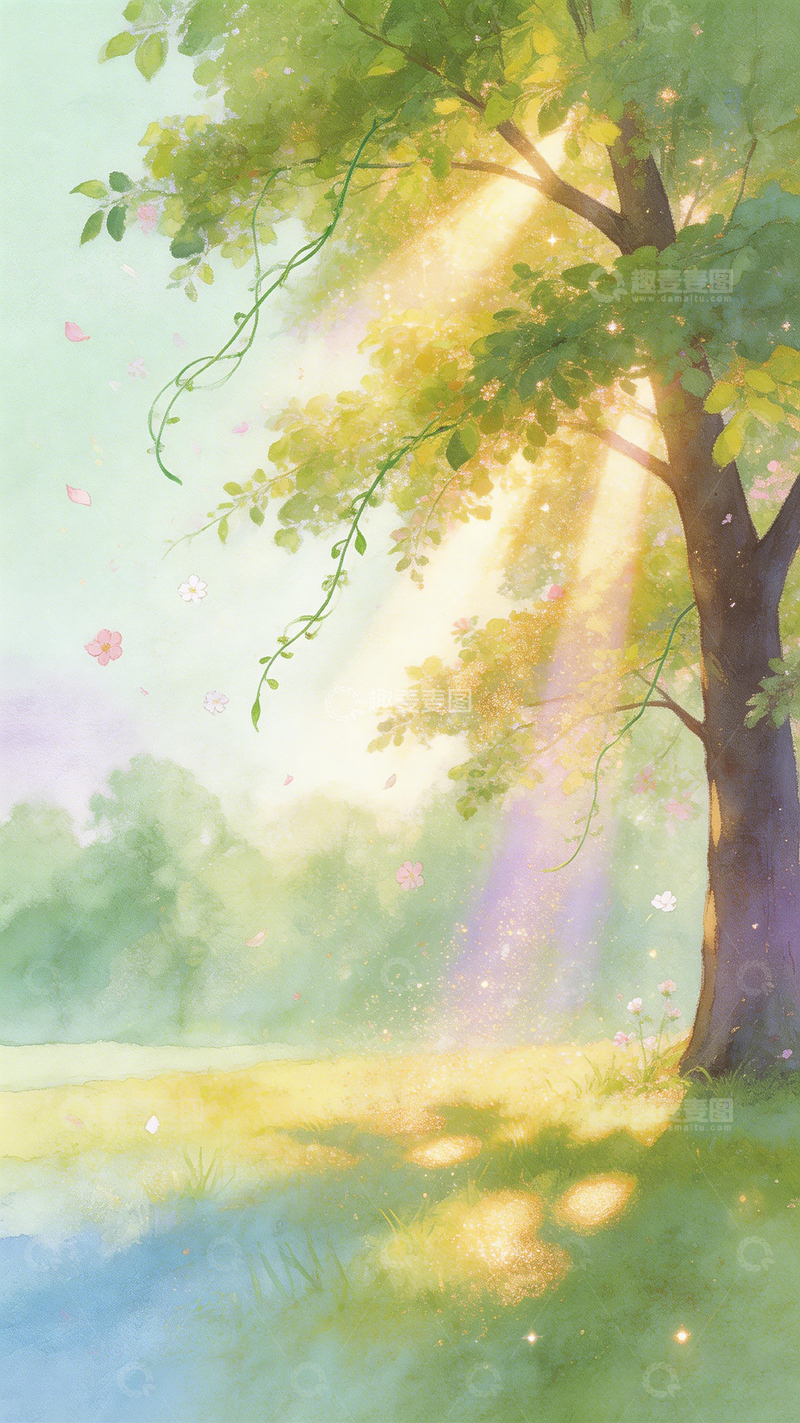 高清大图下载【趣麦麦图】水彩风景树阳光草地