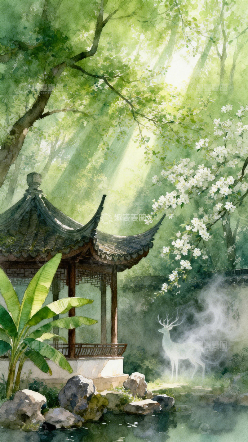 高清大图下载【趣麦麦图】水彩园林亭台鹿景插画
