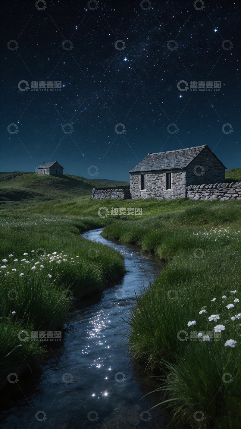 高清大图下载【趣麦麦图】星空下乡村小溪风景