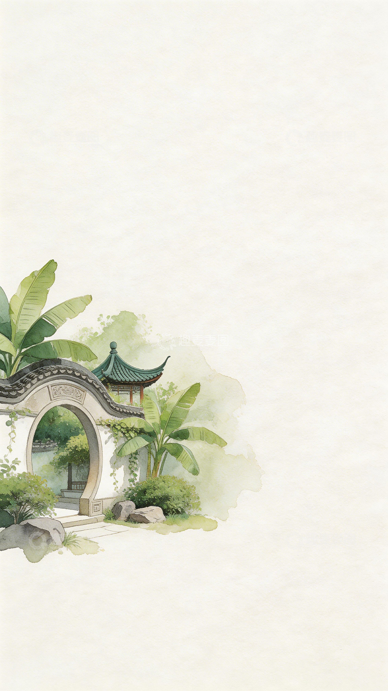 高清大图下载【趣麦麦图】古风水墨园林景观插画