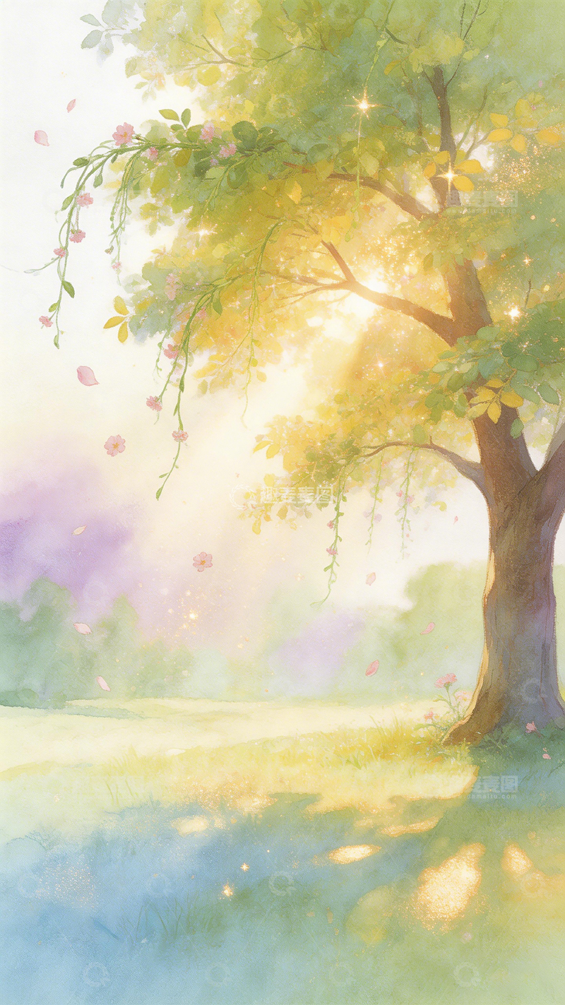 高清大图下载【趣麦麦图】水彩风景大树阳光草地