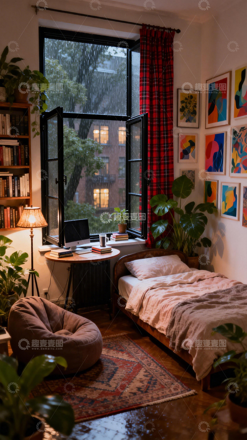 高清大图下载【趣麦麦图】温馨卧室雨景艺术装饰