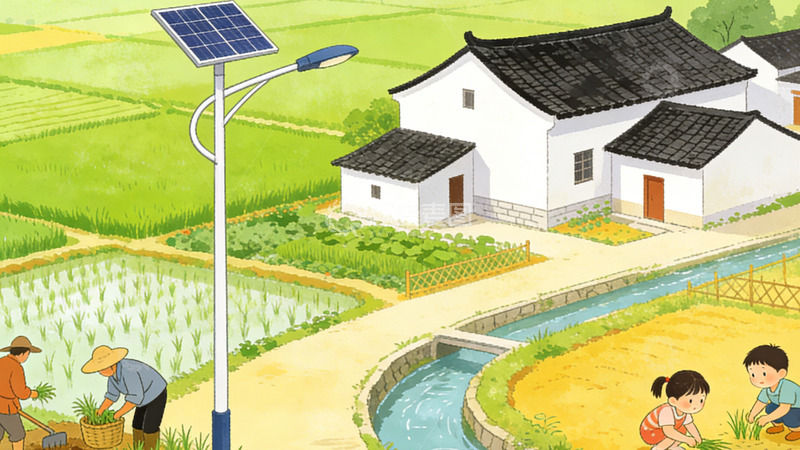 高清大图下载【趣麦麦图】田园风光太阳能路灯村庄插画