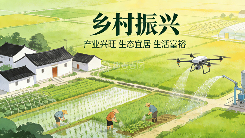 高清大图下载【趣麦麦图】乡村振兴田园风光插画