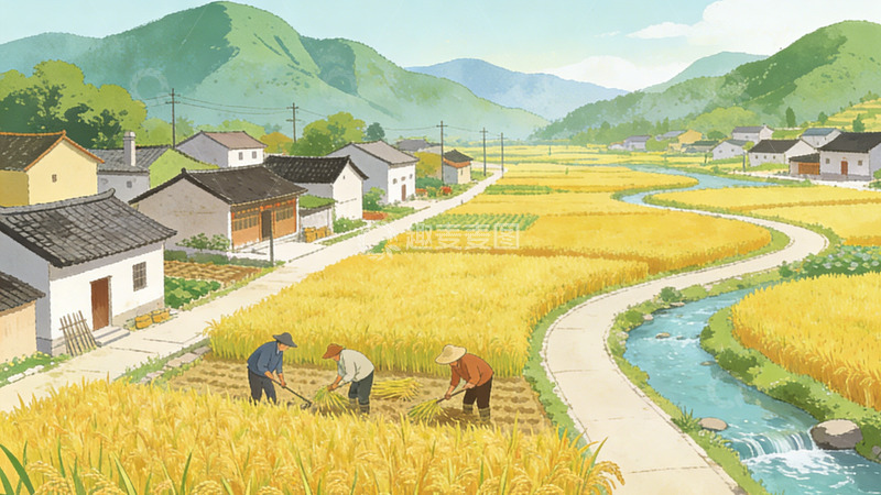 高清大图下载【趣麦麦图】田园风光农民耕作插画