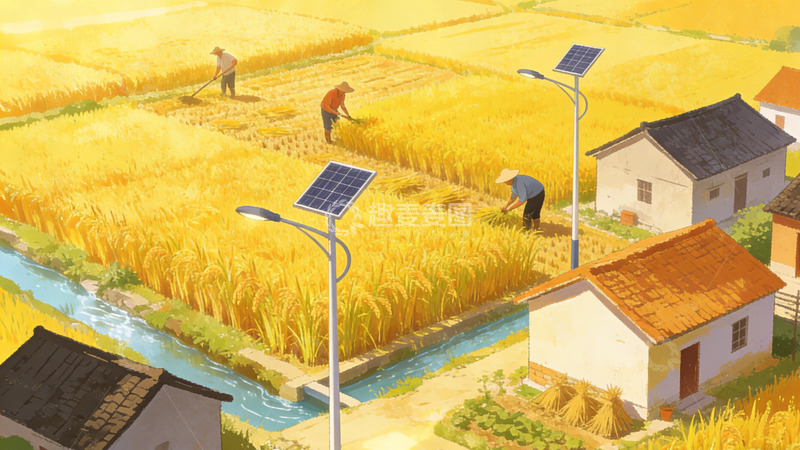 高清大图下载【趣麦麦图】田园风光太阳能路灯稻田插画