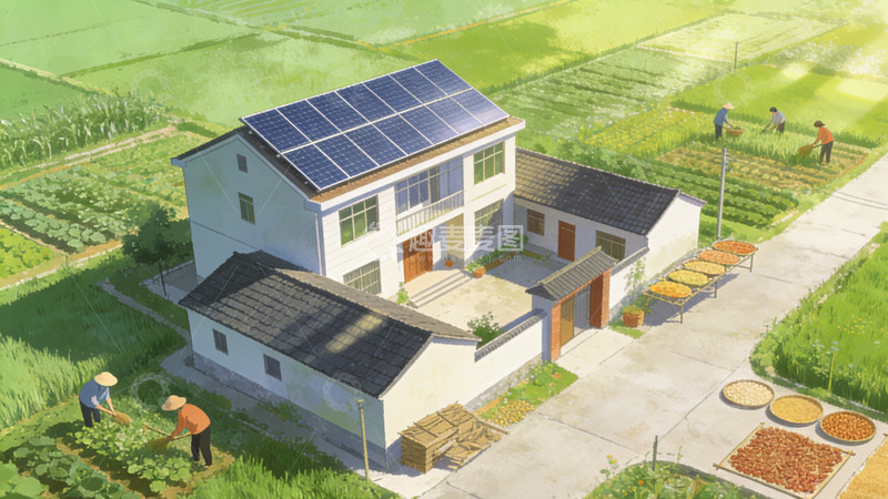 高清大图下载【趣麦麦图】田园风光太阳能住宅插画