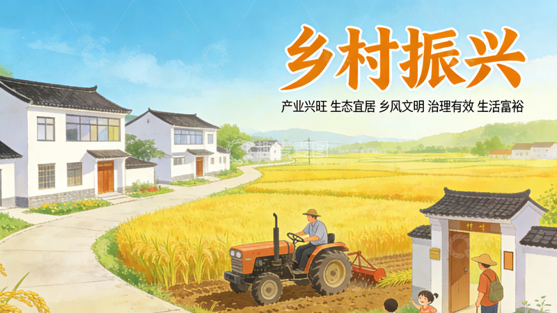 高清大图下载【趣麦麦图】乡村振兴田园风光插画宣传海报