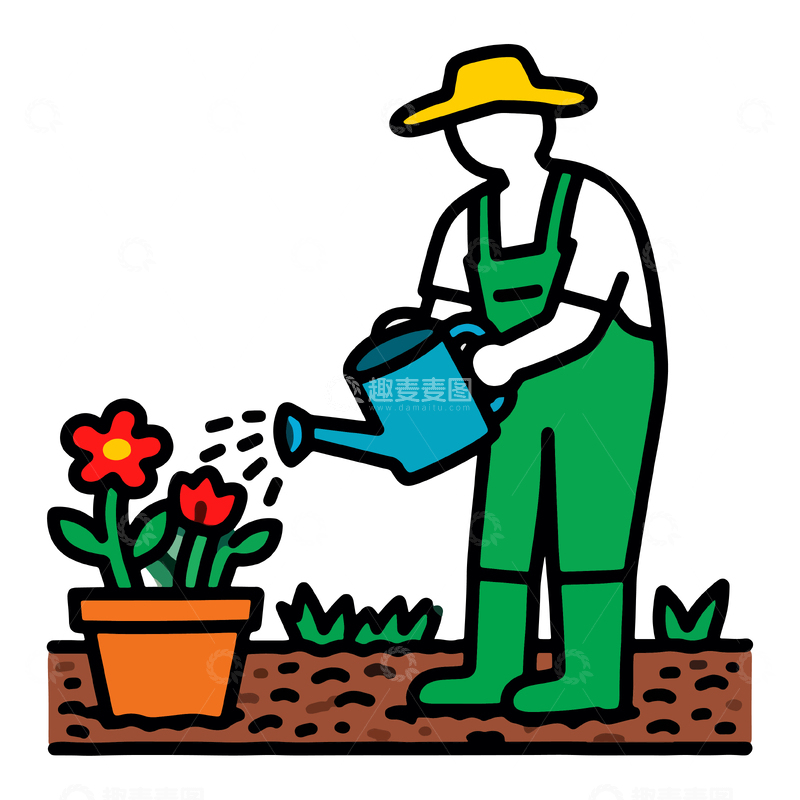 源文件下载【趣麦麦图】卡通园艺师浇水插画