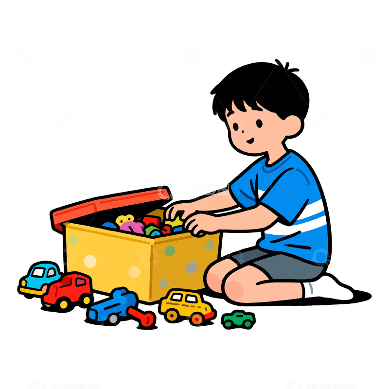 源文件下载【趣麦麦图】卡通男孩玩具箱玩耍插画