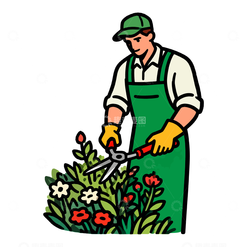 源文件下载【趣麦麦图】园艺师修剪花草简笔画素材