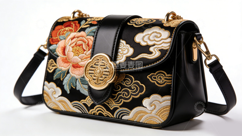 高清大图下载【趣麦麦图】黑色绣花女士手提包
