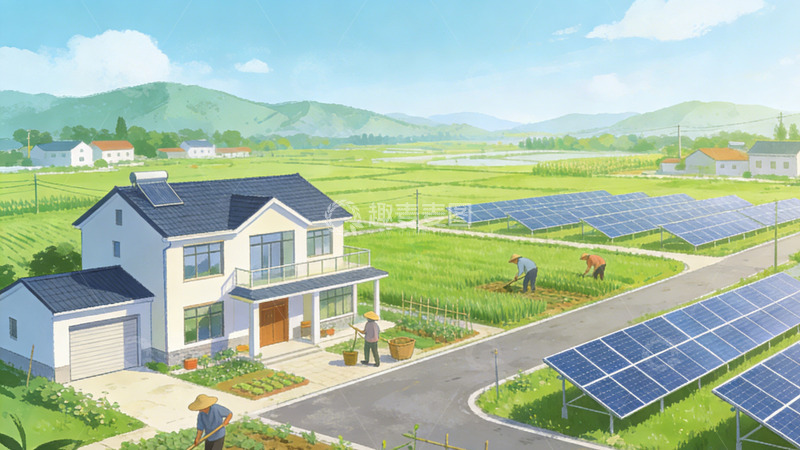 高清大图下载【趣麦麦图】田园风光太阳能住宅插画
