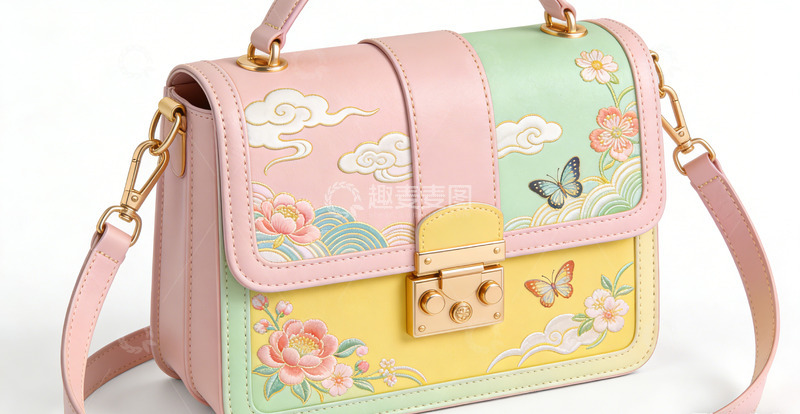 高清大图下载【趣麦麦图】彩绘花朵蝴蝶手提包设计素材