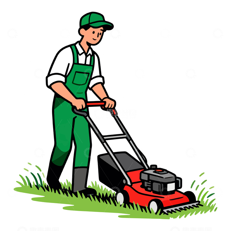 源文件下载【趣麦麦图】卡通园艺工人割草插画