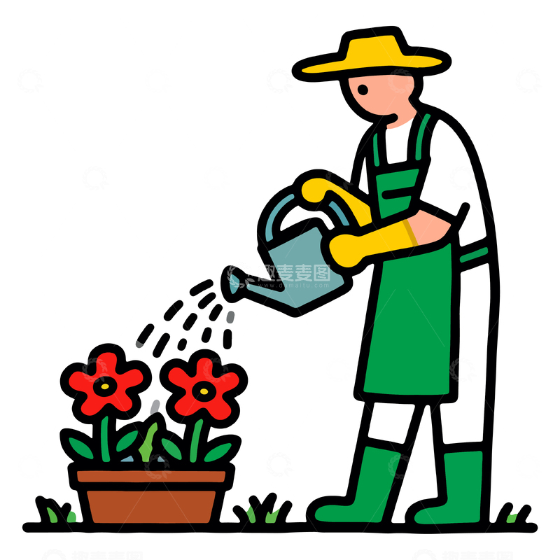 源文件下载【趣麦麦图】卡通园艺工人浇花插图