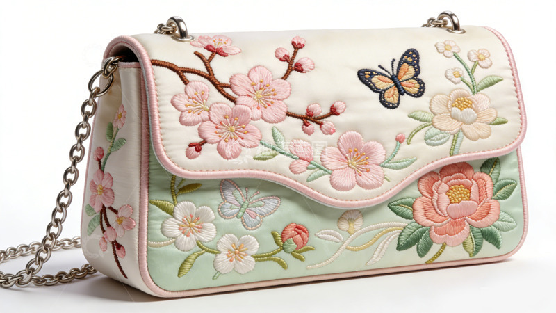 高清大图下载【趣麦麦图】刺绣花朵蝴蝶女士单肩包