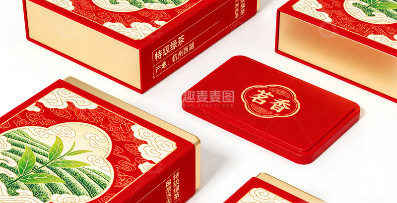 高清大图下载【趣麦麦图】红色中国风茶叶包装盒设计素材