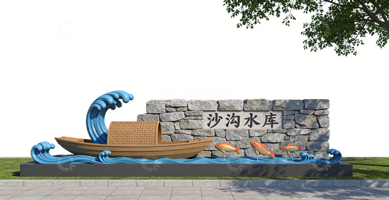 高清大图下载【趣麦麦图】石墙渔船水库装饰设计景观小品